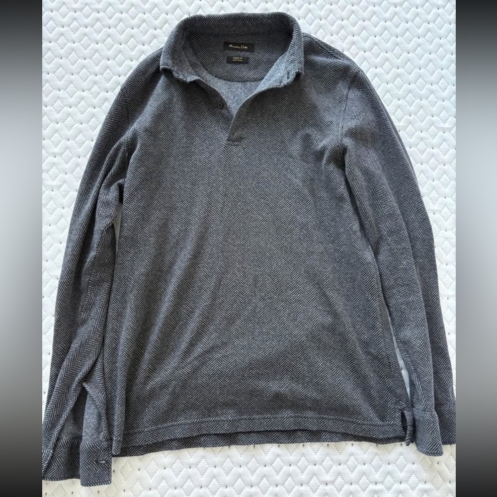 Massimo Dutti Grey/Blue Herringbone Polo Shirt, Size Medium